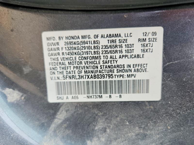 56060646 :رقم المزاد ، 5FNRL3H7XAB039795 vin ، 2010 Honda Odyssey مزاد بيع