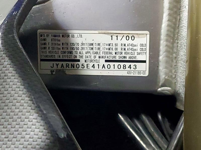 2001 Yamaha Yzfr1 მანქანა იყიდება აუქციონზე, vin: JYARN05E41A010843, აუქციონის ნომერი: 57772766