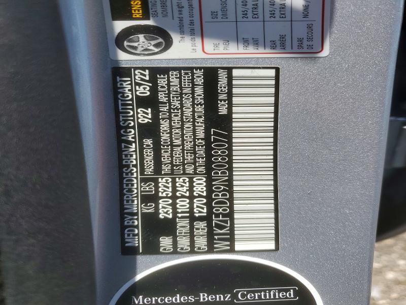 58283696 :رقم المزاد ، W1KZF8DB9NB088077 vin ، 2022 Mercedes-benz E مزاد بيع