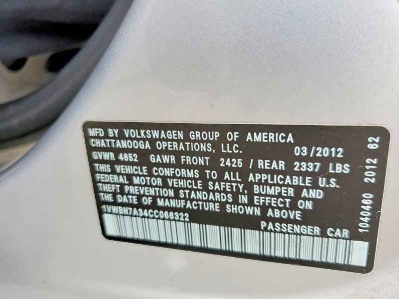 Продаж на аукціоні авто 2012 Volkswagen Passat, vin: 1VWBN7A34CC066322, номер лоту: 57953956