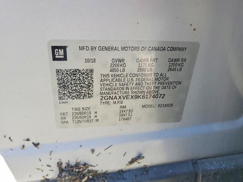 2019 Chevrolet Equinox მანქანა იყიდება აუქციონზე, vin: 2GNAXVEX9K6174072, აუქციონის ნომერი: 57705296