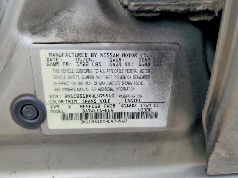 Aukcja sprzedaży 2004 Nissan Sentra, vin: 3N1CB51DX4L474460, numer aukcji: 56503456