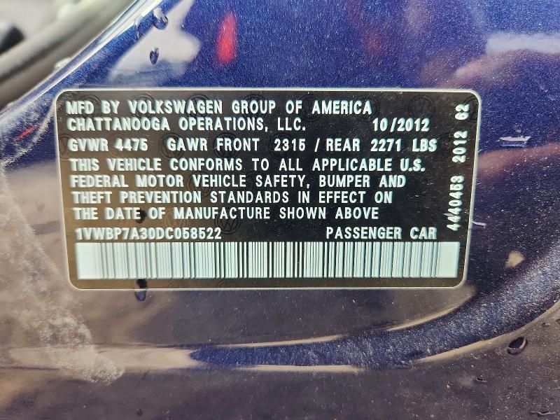 57544726 :رقم المزاد ، 1VWBP7A30DC058522 vin ، 2013 Volkswagen Passat مزاد بيع