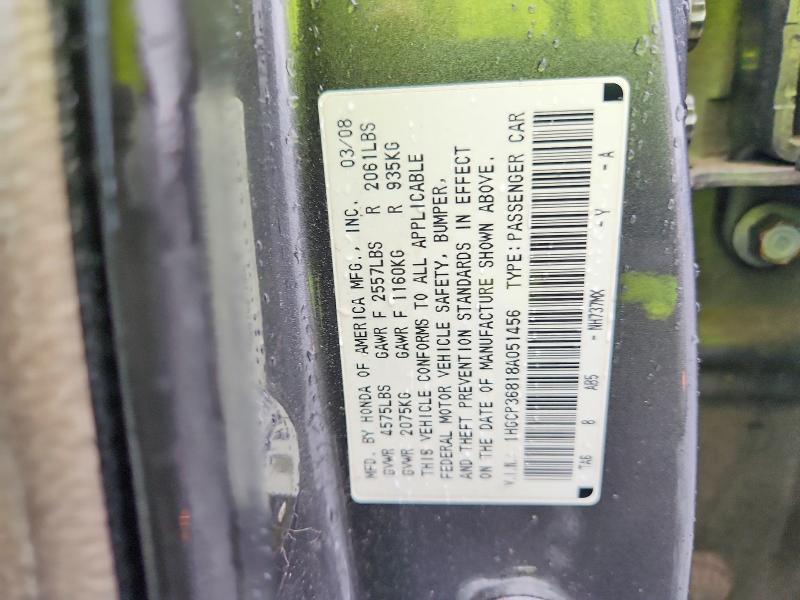 Aukcja sprzedaży 2008 Honda Accord, vin: 1HGCP36818A051456, numer aukcji: 57671106