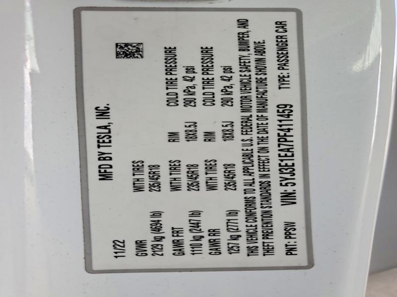 2023 Tesla Model 3 მანქანა იყიდება აუქციონზე, vin: 5YJ3E1EA7PF411459, აუქციონის ნომერი: 57154186