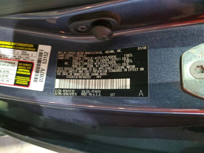 57749616 :رقم المزاد ، 5TDZK23C18S160352 vin ، 2008 Toyota Sienna مزاد بيع