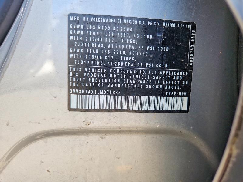 2020 Volkswagen Tiguan მანქანა იყიდება აუქციონზე, vin: 3VV3B7AX1LM075885, აუქციონის ნომერი: 55964986