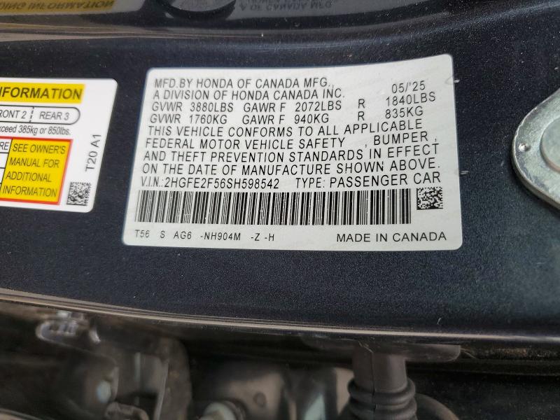57879186 :رقم المزاد ، 2HGFE2F56SH598542 vin ، 2025 Honda Civic مزاد بيع