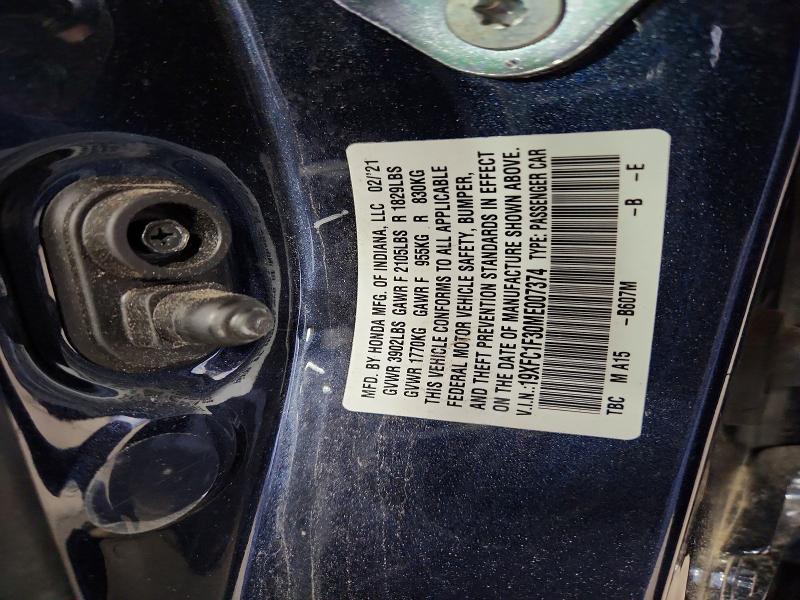 Aukcja sprzedaży 2021 Honda Civic, vin: 19XFC1F30ME007374, numer aukcji: 57134696