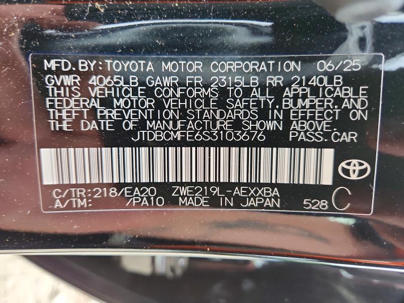 Продажа на аукционе авто 2025 Toyota Corolla Hybrid, vin: JTDBCMFE6S3103676, номер лота: 57340836