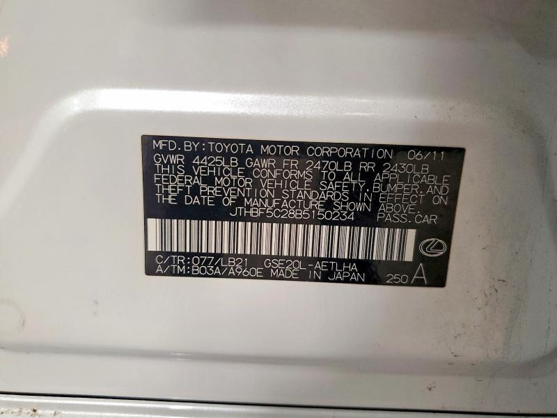 Aukcja sprzedaży 2011 Lexus Is, vin: JTHBF5C28B5150234, numer aukcji: 56800046