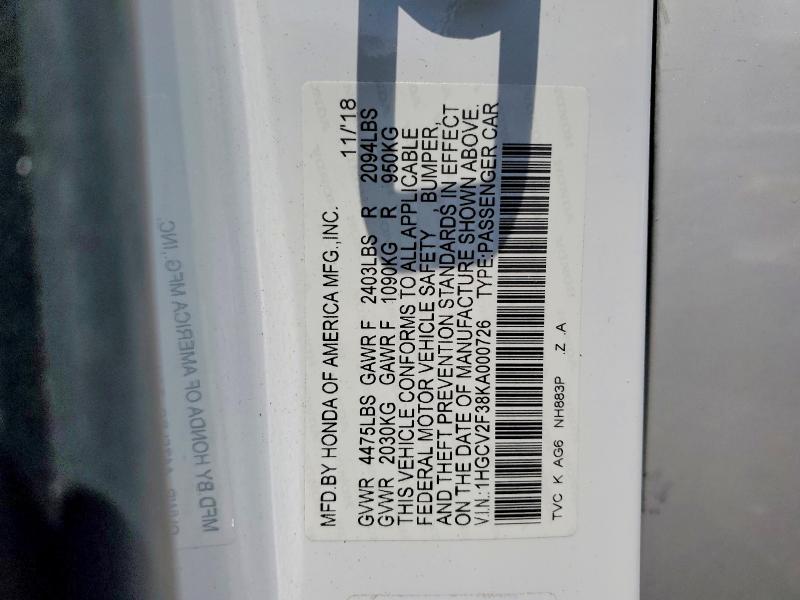 Aukcja sprzedaży 2019 Honda Accord, vin: 1HGCV2F38KA000726, numer aukcji: 56959326
