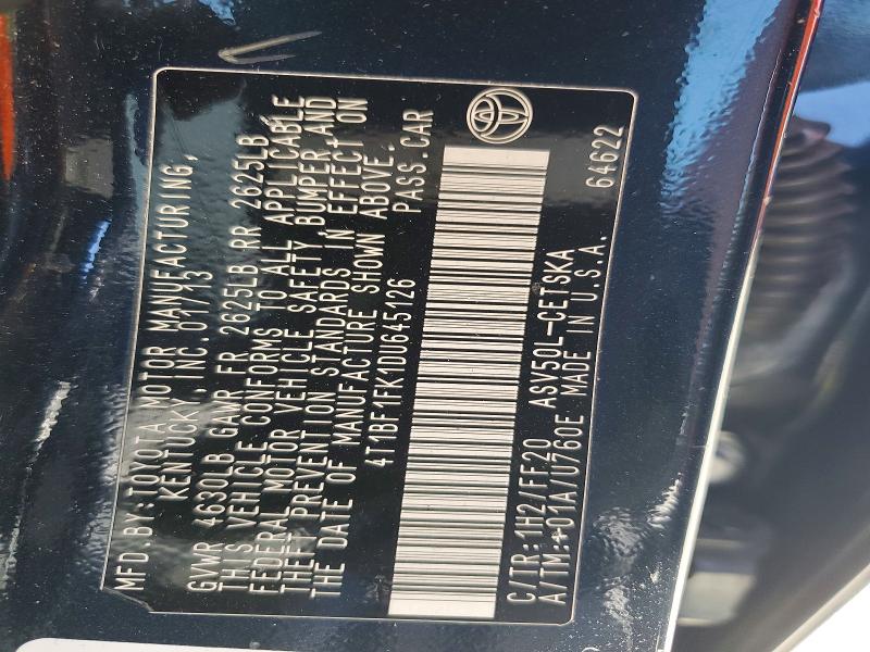 Продаж на аукціоні авто 2013 Toyota Camry, vin: 4T1BF1FK1DU645126, номер лоту: 57260366