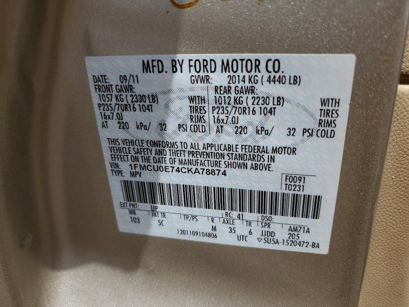 Продажа на аукционе авто 2012 Ford Escape, vin: 1FMCU0E74CKA78874, номер лота: 56467596