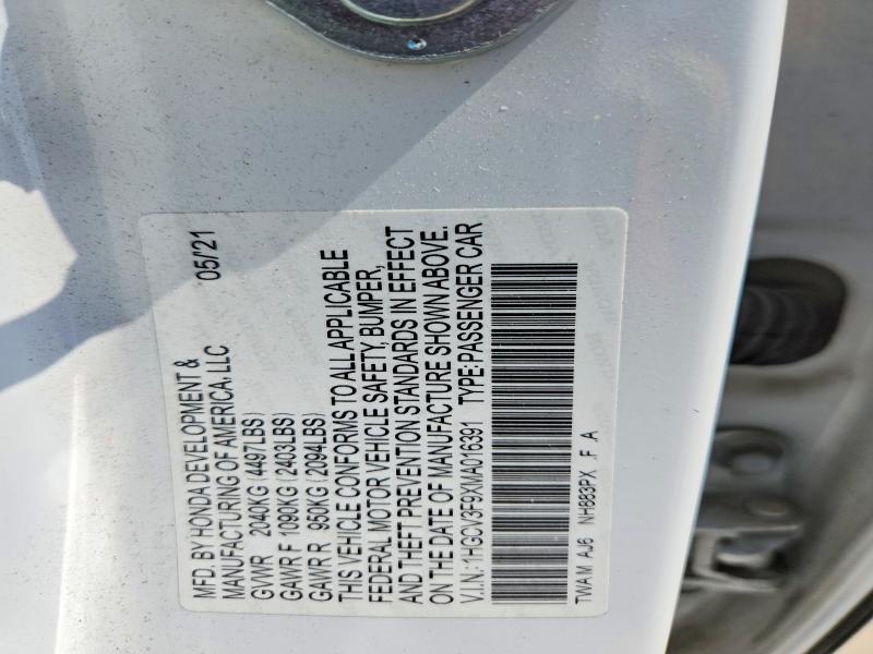 Aukcja sprzedaży 2021 Honda Accord, vin: 1HGCV3F9XMA016391, numer aukcji: 58035396