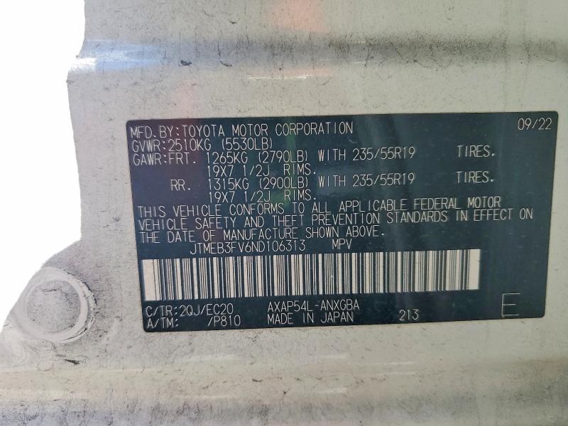 2022 Toyota Rav4 Prime მანქანა იყიდება აუქციონზე, vin: JTMEB3FV6ND106313, აუქციონის ნომერი: 56694926