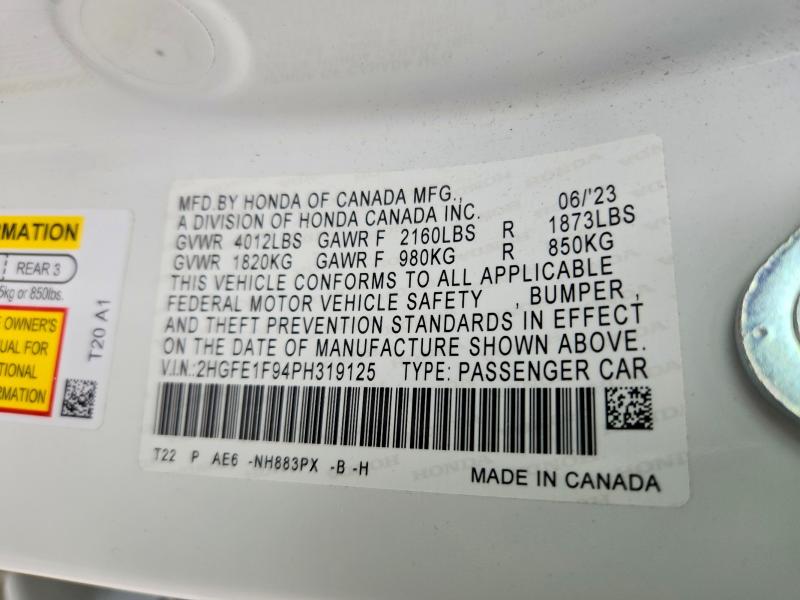 Продаж на аукціоні авто 2023 Honda Civic, vin: 2HGFE1F94PH319125, номер лоту: 59586106