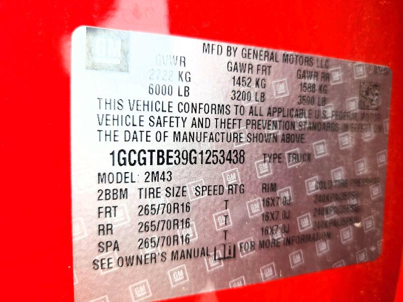 Aukcja sprzedaży 2016 Chevrolet Colorado, vin: 1GCGTBE39G1253438, numer aukcji: 55883936