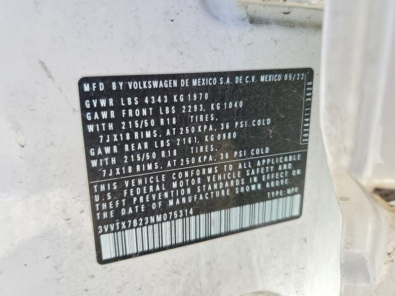 57592766 :رقم المزاد ، 3VVTX7B23NM075314 vin ، 2022 Volkswagen Taos مزاد بيع