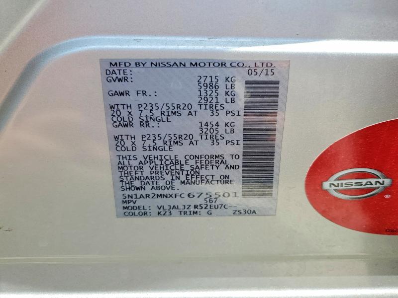 Aukcja sprzedaży 2015 Nissan Pathfinder, vin: 5N1AR2MNXFC675501, numer aukcji: 57292656