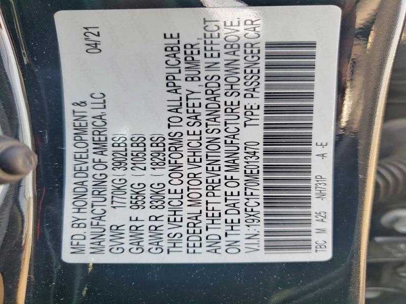 Продаж на аукціоні авто 2021 Honda Civic, vin: 19XFC1F70ME013470, номер лоту: 58767836