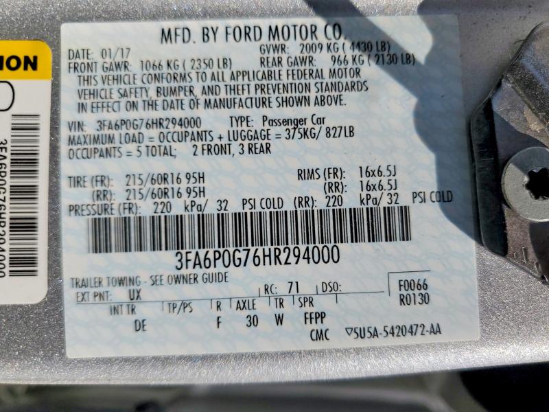 57165676 :رقم المزاد ، 3FA6P0G76HR294000 vin ، 2017 Ford Fusion مزاد بيع