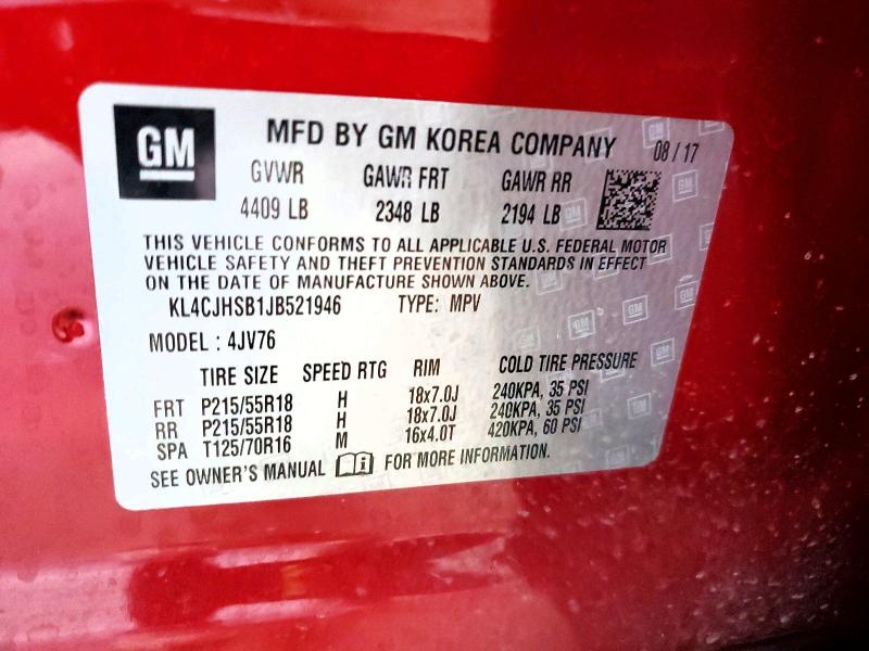 56138576 :رقم المزاد ، KL4CJHSB1JB521946 vin ، 2018 Buick Encore مزاد بيع