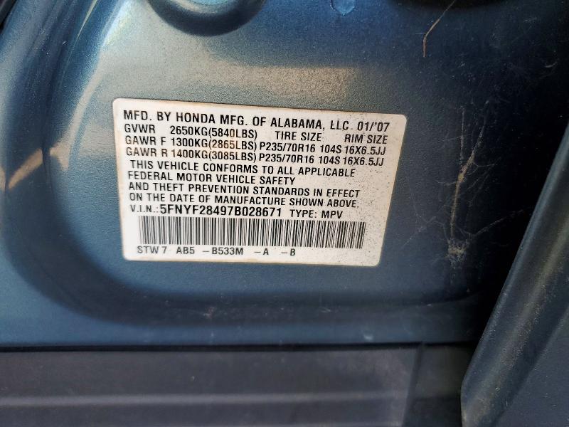 2007 Honda Pilot მანქანა იყიდება აუქციონზე, vin: 5FNYF28497B028671, აუქციონის ნომერი: 58094686
