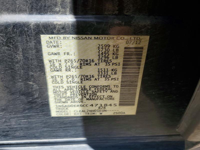 59544256 :رقم المزاد ، 1N6AD0ER6CC471845 vin ، 2012 Nissan Frontier مزاد بيع