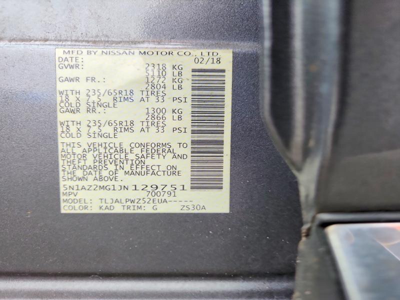 2018 Nissan Murano მანქანა იყიდება აუქციონზე, vin: 5N1AZ2MG1JN129751, აუქციონის ნომერი: 55844126