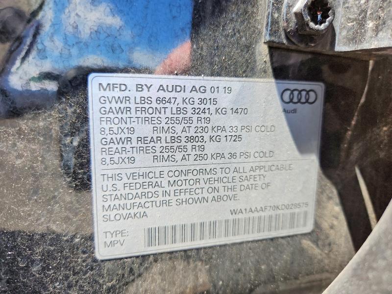 2019 Audi Q7 მანქანა იყიდება აუქციონზე, vin: WA1AAAF70KD028575, აუქციონის ნომერი: 58720856