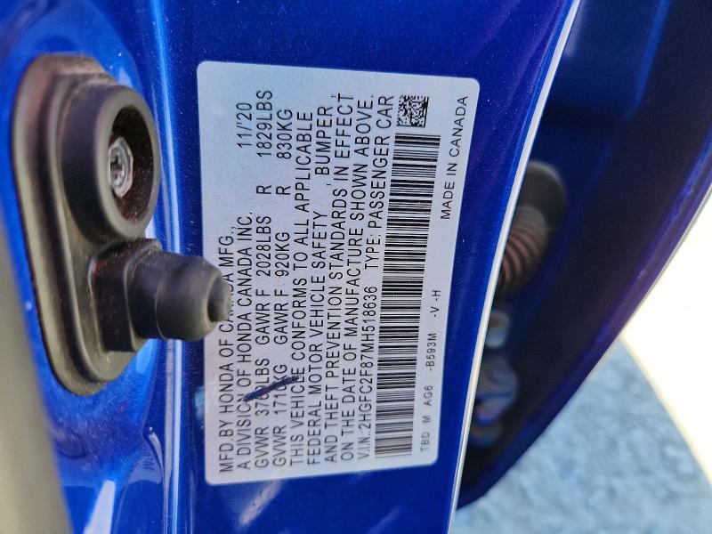 2021 Honda Civic მანქანა იყიდება აუქციონზე, vin: 2HGFC2F87MH518636, აუქციონის ნომერი: 56456596