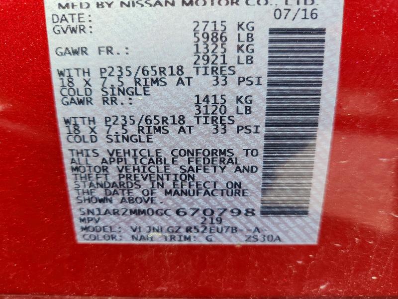 55914146 :رقم المزاد ، 5N1AR2MM0GC670798 vin ، 2016 Nissan Pathfinder مزاد بيع