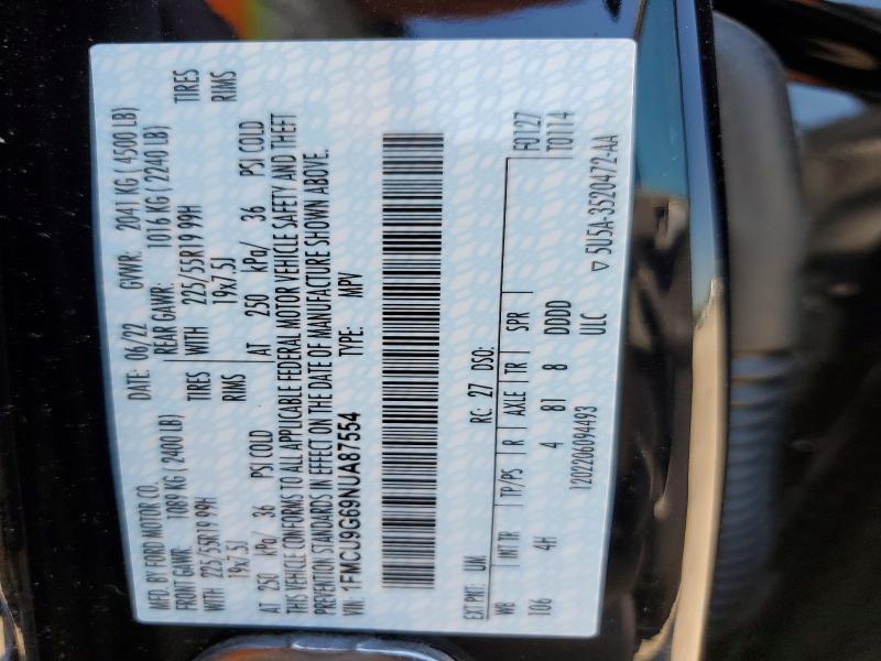 56114756 :رقم المزاد ، 1FMCU9G69NUA87554 vin ، 2022 Ford Escape مزاد بيع