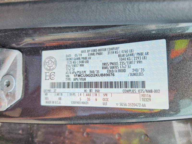 Продаж на аукціоні авто 2019 Ford Escape, vin: 1FMCU9GD2KUB89076, номер лоту: 55741846