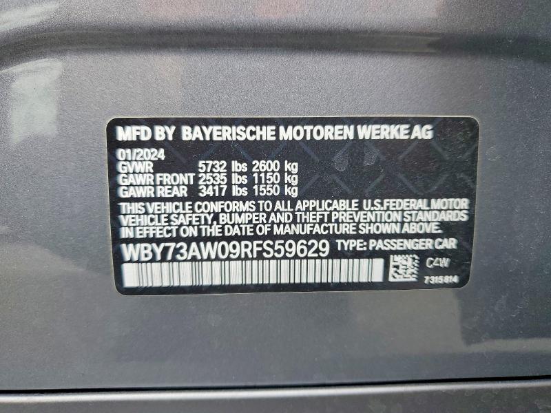 2024 Bmw I Series მანქანა იყიდება აუქციონზე, vin: WBY73AW09RFS59629, აუქციონის ნომერი: 85982645