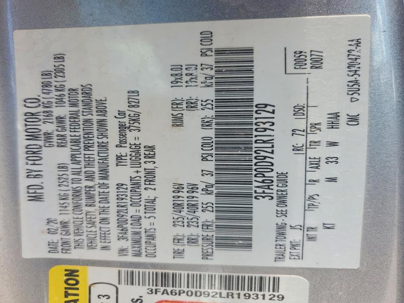 Aukcja sprzedaży 2020 Ford Fusion, vin: 3FA6P0D92LR193129, numer aukcji: 55818466