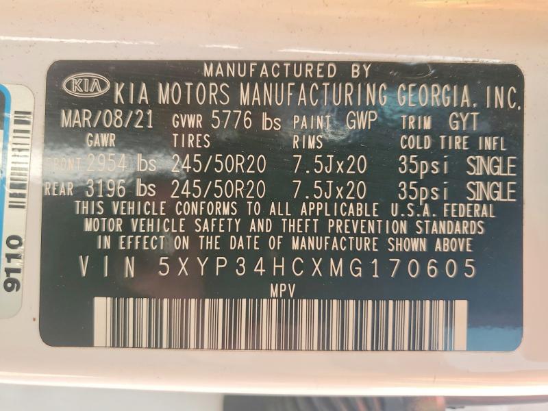 58924106 :رقم المزاد ، 5XYP34HCXMG170605 vin ، 2021 Kia Telluride مزاد بيع