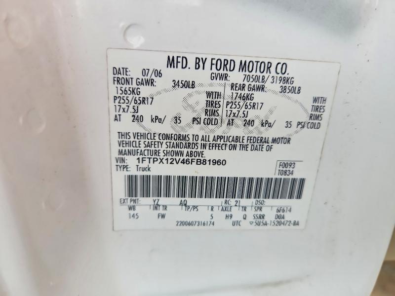 2006 Ford F150 მანქანა იყიდება აუქციონზე, vin: 1FTPX12V46FB81960, აუქციონის ნომერი: 56328216