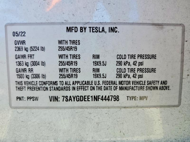 2022 Tesla Model Y მანქანა იყიდება აუქციონზე, vin: 7SAYGDEE1NF444798, აუქციონის ნომერი: 57724906