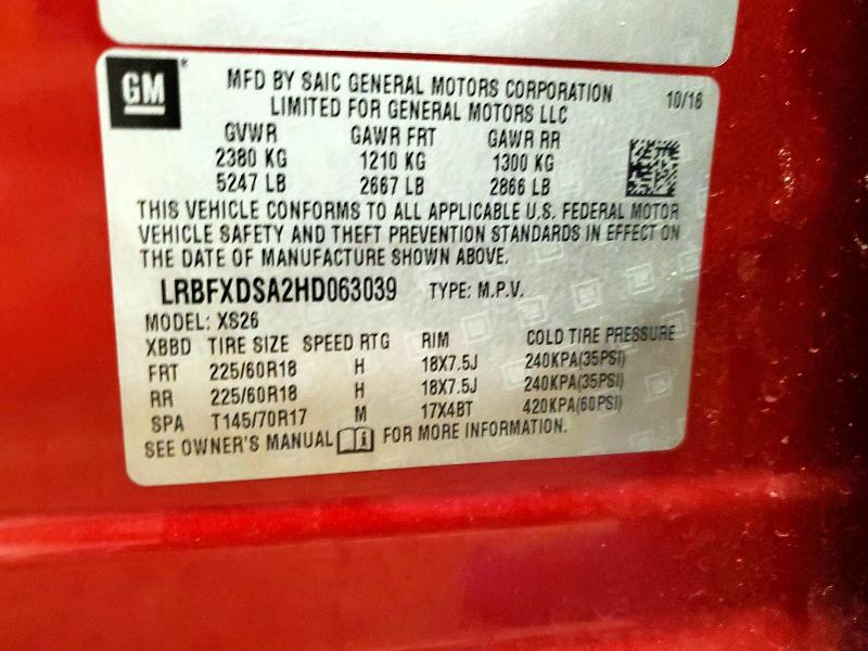 2017 Buick Envision მანქანა იყიდება აუქციონზე, vin: LRBFXDSA2HD063039, აუქციონის ნომერი: 57331486