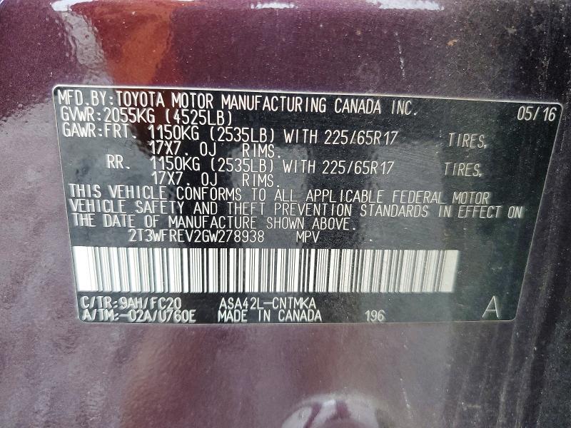 Продажа на аукционе авто 2016 Toyota Rav4, vin: 2T3WFREV2GW278938, номер лота: 54662426