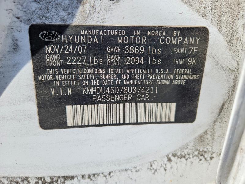 2008 Hyundai Elantra მანქანა იყიდება აუქციონზე, vin: KMHDU46D78U374211, აუქციონის ნომერი: 55511776