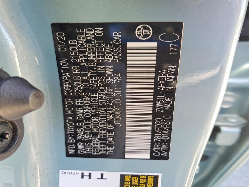 2020 Toyota Prius მანქანა იყიდება აუქციონზე, vin: JTDKARFU0L3111784, აუქციონის ნომერი: 57422386