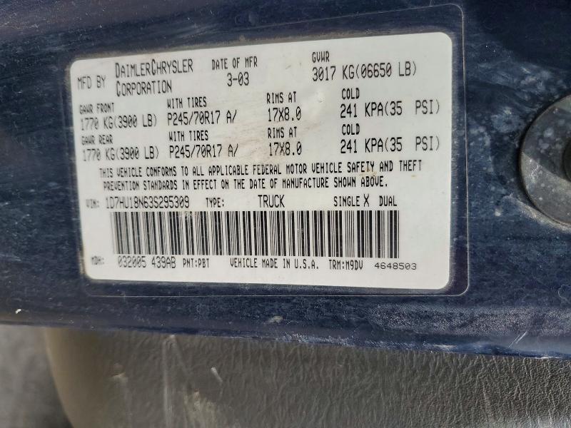 2003 Dodge Ram 1500 მანქანა იყიდება აუქციონზე, vin: 1D7HU18N63S295309, აუქციონის ნომერი: 58704066