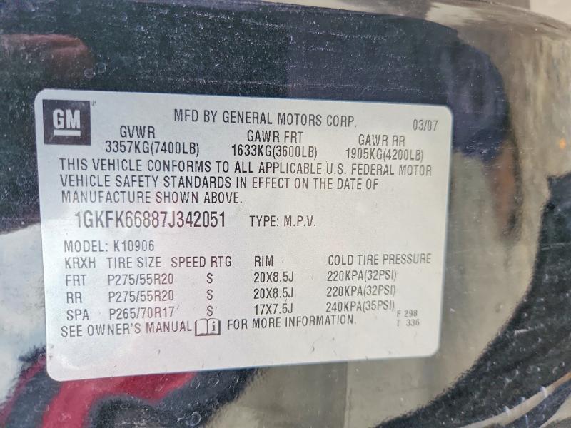 2007 Gmc Yukon Xl მანქანა იყიდება აუქციონზე, vin: 1GKFK66887J342051, აუქციონის ნომერი: 57549516