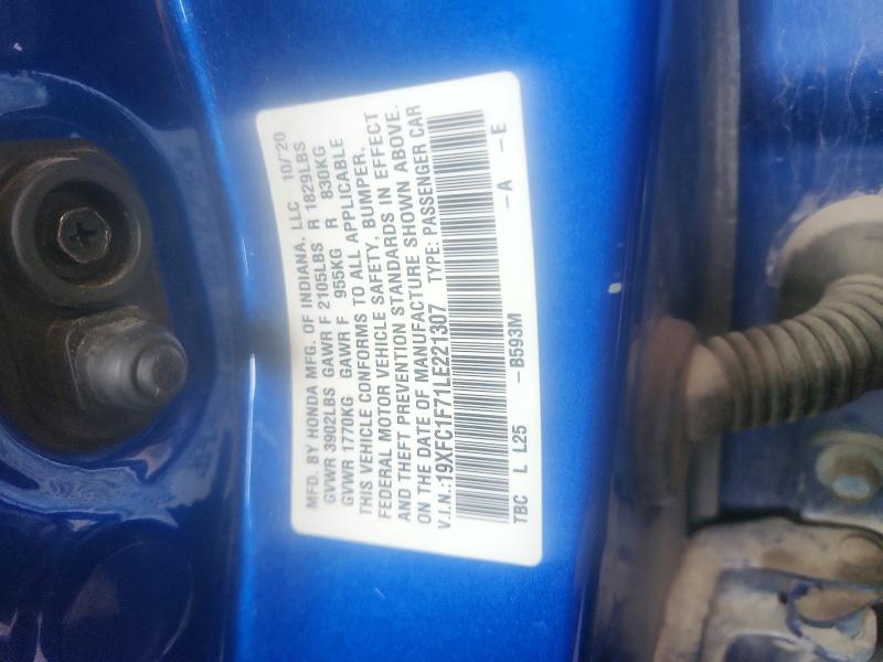 2020 Honda Civic მანქანა იყიდება აუქციონზე, vin: 19XFC1F71LE221307, აუქციონის ნომერი: 56600916