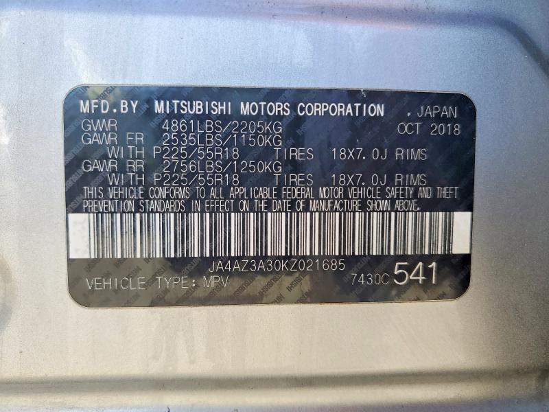 2019 Mitsubishi Outlander მანქანა იყიდება აუქციონზე, vin: JA4AZ3A30KZ021685, აუქციონის ნომერი: 57542616