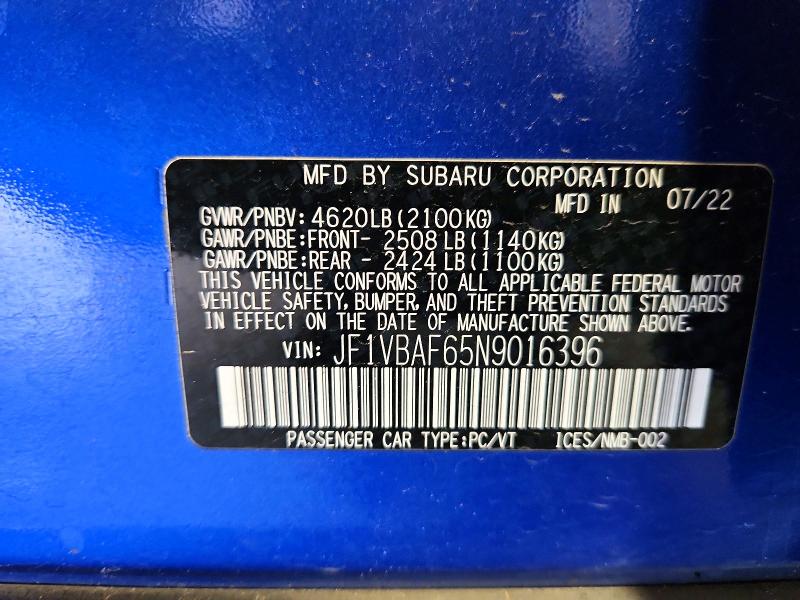 Продажа на аукционе авто 2022 Subaru Wrx, vin: JF1VBAF65N9016396, номер лота: 58976246