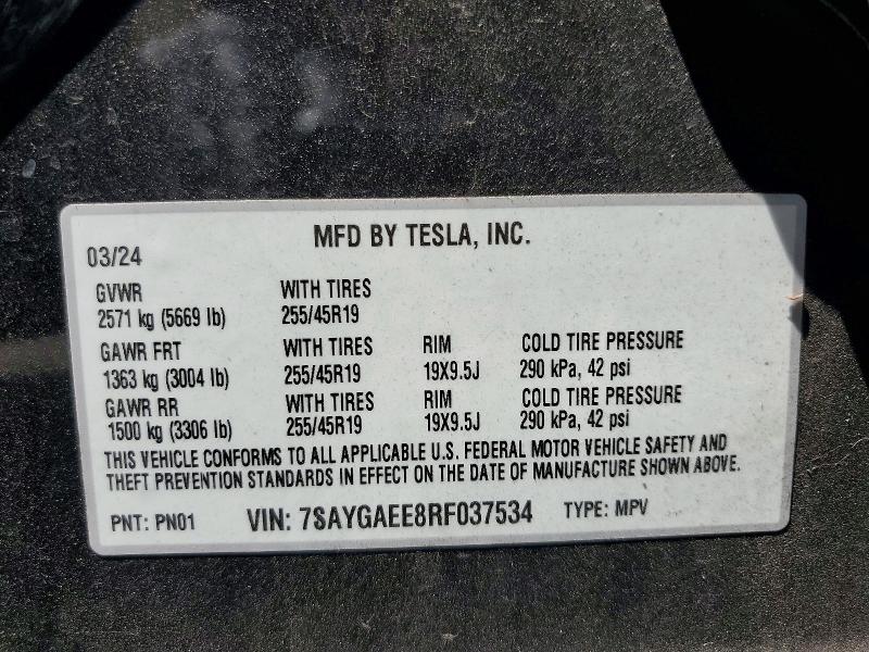 2024 Tesla Model Y მანქანა იყიდება აუქციონზე, vin: 7SAYGAEE8RF037534, აუქციონის ნომერი: 56101566